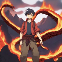 An anime boy standing confidently with a fire lava snake coiled around him