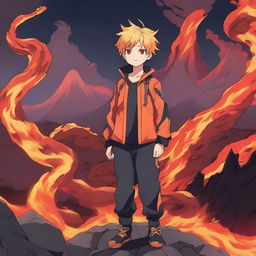 An anime boy standing confidently with a fire lava snake coiled around him