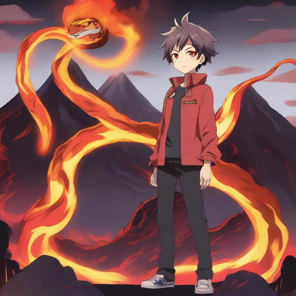 An anime boy standing confidently with a fire lava snake coiled around him