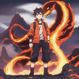 An anime boy standing confidently with a fire lava snake coiled around him