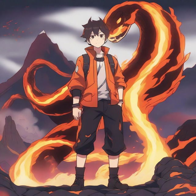 An anime boy standing confidently with a fire lava snake coiled around him