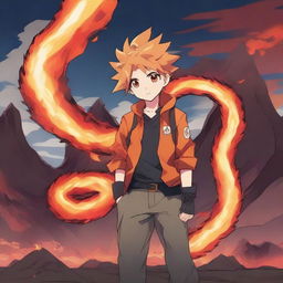 An anime boy standing confidently with a fire lava snake coiled around him