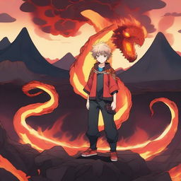 An anime boy standing confidently with a fire lava snake coiled around him