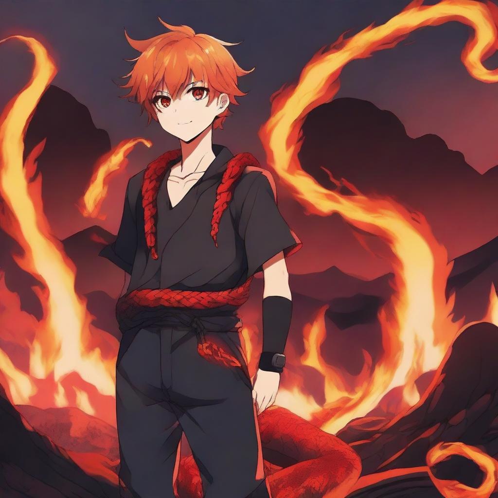 A blazing anime boy standing confidently with a fire lava snake coiled around him