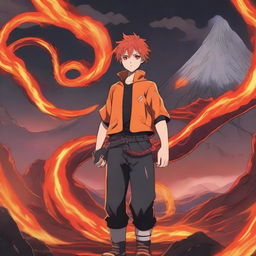 A blazing anime boy standing confidently with a fire lava snake coiled around him