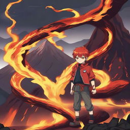 A blazing anime boy standing confidently with a fire lava snake coiled around him