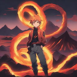 A blazing anime boy standing confidently with a fire lava snake coiled around him