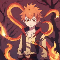 An anime boy with fiery hair and a determined expression, standing with a blazing fire snake coiled around him