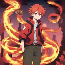 An anime boy with fiery hair and a determined expression, standing with a blazing fire snake coiled around him