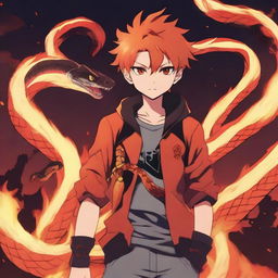 An anime boy with fiery hair and a determined expression, standing with a blazing fire snake coiled around him