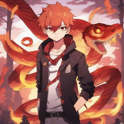 An anime boy with fiery hair and a determined expression, standing with a blazing fire snake coiled around him