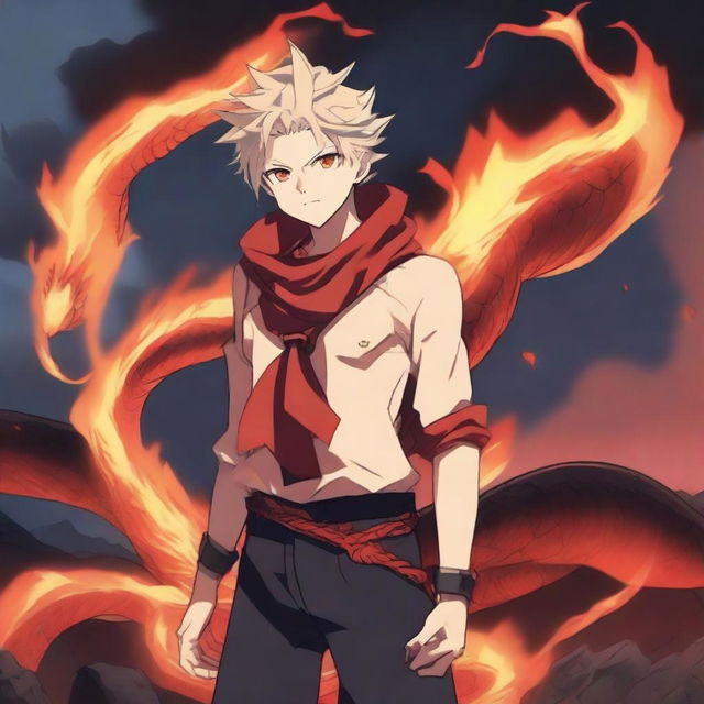 An anime boy standing confidently with a blazing fire snake coiled around him