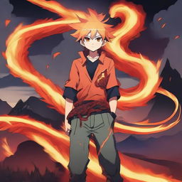 An anime boy standing confidently with a blazing fire snake coiled around him