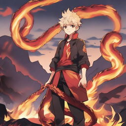 An anime boy standing confidently with a blazing fire snake coiled around him