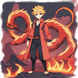 An anime boy standing confidently with a blazing fire snake coiled around him