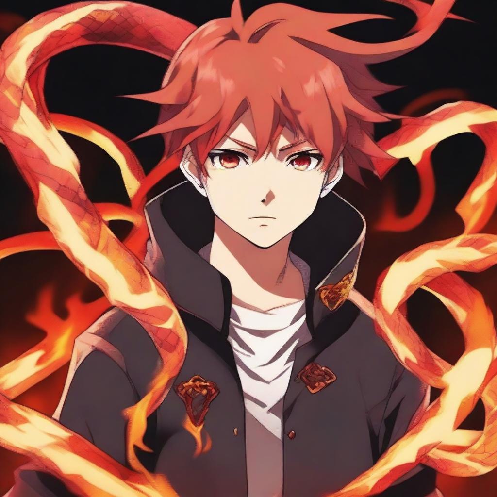 Close-up of an anime boy with intense eyes, accompanied by a blazing fire snake