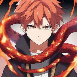 Close-up of an anime boy with intense eyes, accompanied by a blazing fire snake