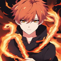 Close-up of an anime boy with intense eyes, accompanied by a blazing fire snake