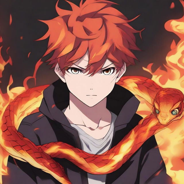 Close-up of an anime boy with intense eyes, accompanied by a blazing fire snake