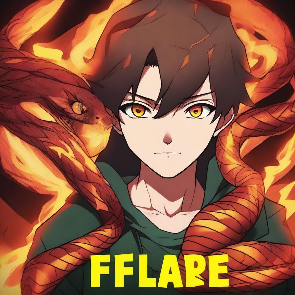 Closeup of an anime boy with intense eyes, with a tangled fire snake wrapped around him