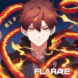 Closeup of an anime boy with intense eyes, with a tangled fire snake wrapped around him