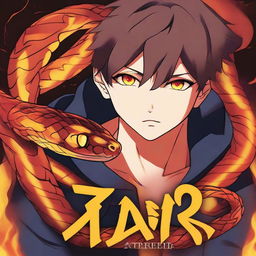 Closeup of an anime boy with intense eyes, with a tangled fire snake wrapped around him