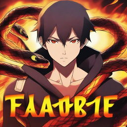 Closeup of an anime boy with intense eyes, with a tangled fire snake wrapped around him