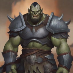 A detailed illustration of a male half-orc character wearing heavy armor