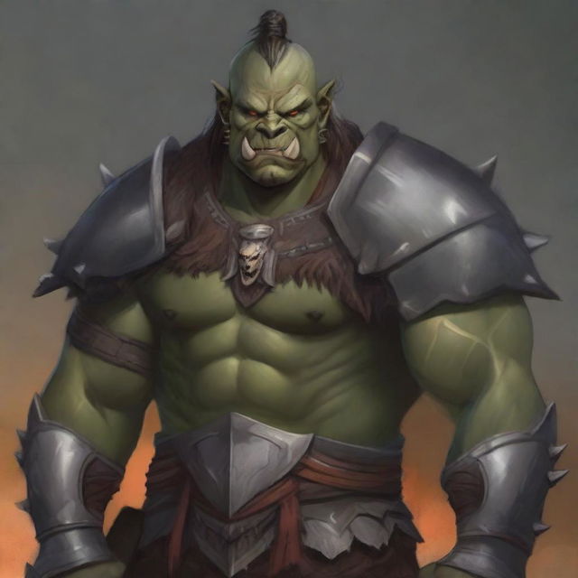 A detailed illustration of a male half-orc character wearing heavy armor