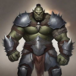 A detailed illustration of a male half-orc character wearing heavy armor