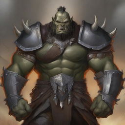 A detailed illustration of a male half-orc character wearing heavy armor