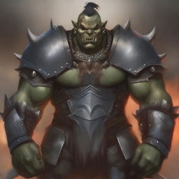 A detailed illustration of a male half-orc character wearing heavy armor