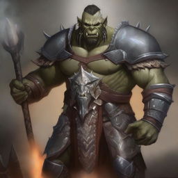 A detailed illustration of a male half-orc character wearing heavy armor