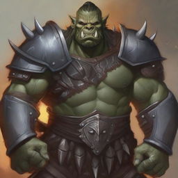 A detailed illustration of a male half-orc character wearing heavy armor