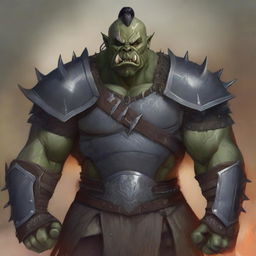 A detailed illustration of a male half-orc character wearing heavy armor