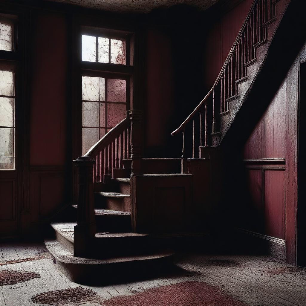 An eerie and dimly lit indoor scene featuring an old wooden staircase with bloodstains on the steps and railing