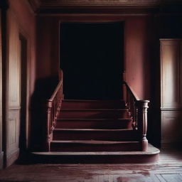 An eerie and dimly lit indoor scene featuring an old wooden staircase with bloodstains on the steps and railing