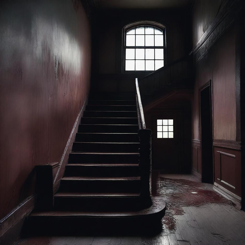 An eerie and dimly lit indoor scene featuring an old wooden staircase with bloodstains on the steps and railing