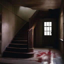 An eerie and dimly lit indoor scene featuring an old wooden staircase with bloodstains on the steps and railing