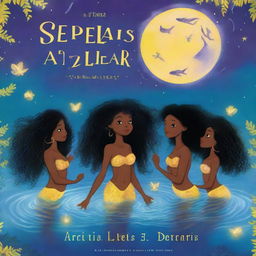 Book cover featuring five Black mermaids in a lake within a forest at night