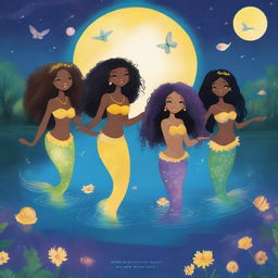 Book cover featuring five Black mermaids in a lake within a forest at night