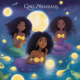 Book cover featuring five Black mermaids in a lake within a forest at night