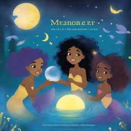 Book cover featuring five Black mermaids in a lake within a forest at night