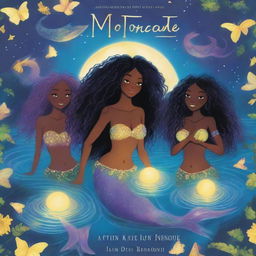 Book cover featuring five Black mermaids in a lake within a forest at night