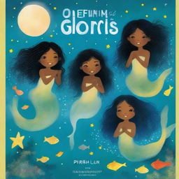 Uma capa de livro infantil com cinco sereias negras com caudas de sereia dentro de um lago à noite