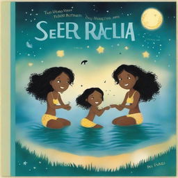 Uma capa de livro infantil com cinco sereias negras com caudas de sereia dentro de um lago à noite