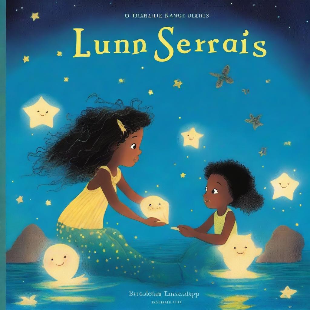 Uma capa de livro infantil com cinco sereias negras com caudas de sereia dentro de um lago à noite