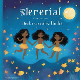 Uma capa de livro infantil com cinco sereias negras com caudas de sereia dentro de um lago à noite