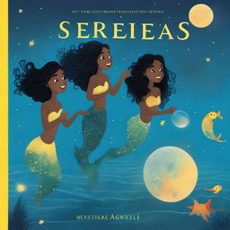 Book cover for a children's book featuring black mermaids at night with the moon and stars in the sky