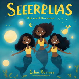 Book cover for a children's book featuring black mermaids at night with the moon and stars in the sky